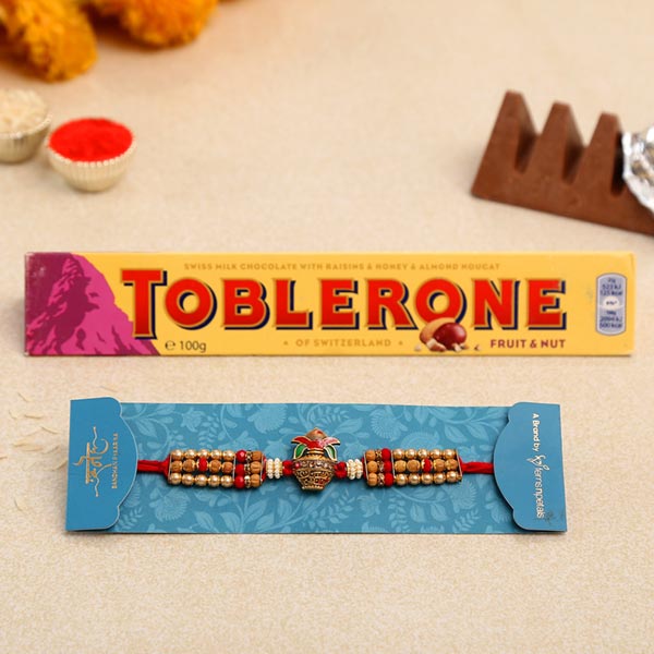 Auspicious Kalash Rudraksha Rakhi And Toblerone Chocolate