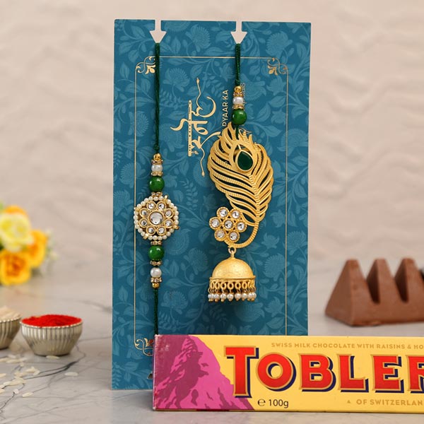 Peacock Feather Jhumki Lumba Rakhi Set With Toblerone Chocolate