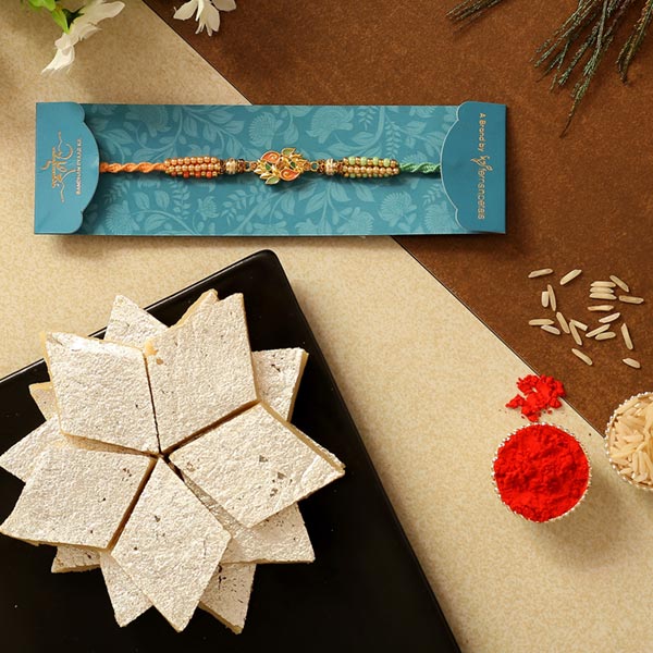 Ethnic Leaf Pearl Designer Rakhi And Kaju Katli