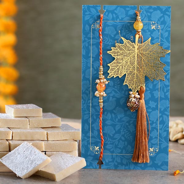 Maple Leaf Modern Lumba Rakhi Set With Kaju Katli