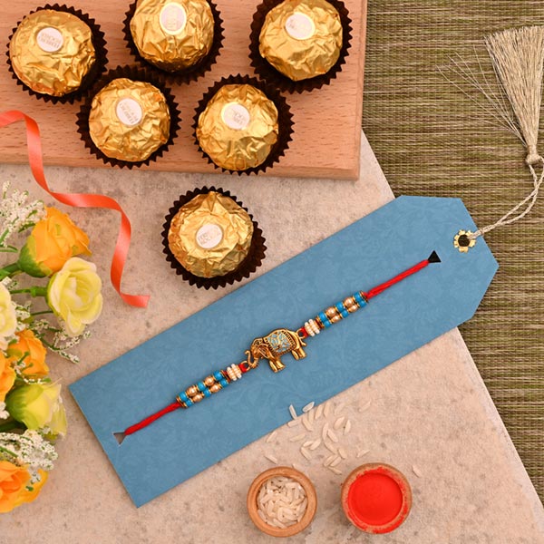 Meenakari Elephant Pearl Rakhi And 3 Pcs Ferrero Rocher