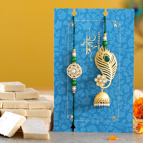Peacock Feather Jhumki Lumba Rakhi Set With Kaju Katli