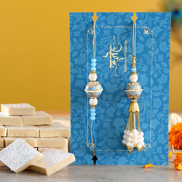 Blue Orb Pearl And Lumba Rakhi Set With Kaju Katli