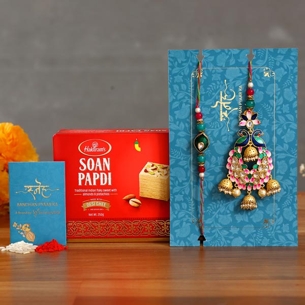 Pink Peacock Lumba Rakhi Set With Soan Papdi