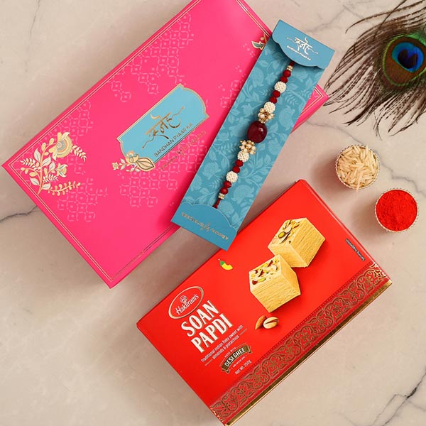 Red Beads Pearl Designer Rakhi And Soan Papdi