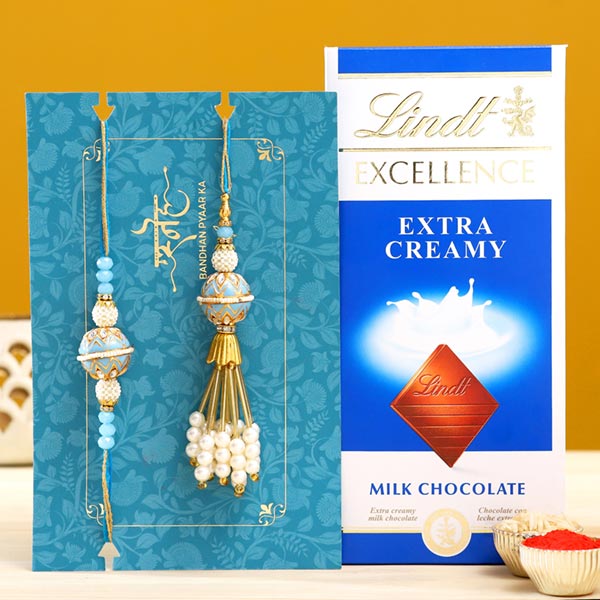 Blue Orb Pearl And Lumba Rakhi Set With Lindt