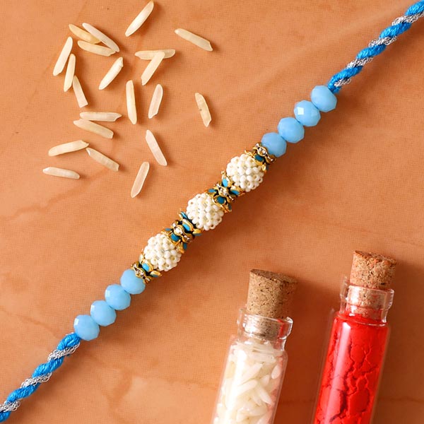 Sea Blue Pearl And Thread Designer Rakhi