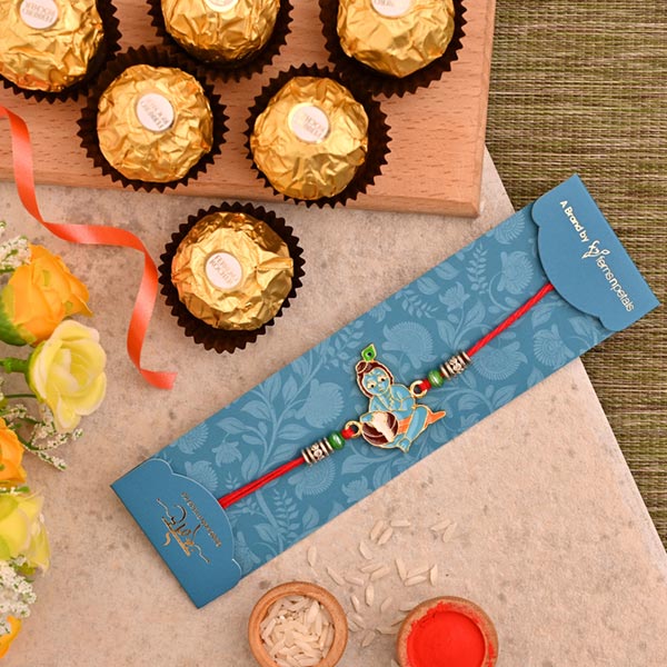 Spiritual Bal Krishna Kids Rakhi And 3 Pcs Ferrero Rocher