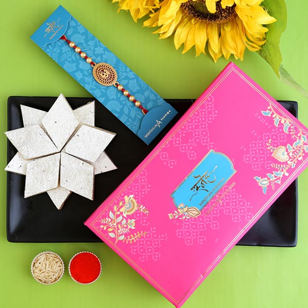 Spiritual Om Pearl Rakhi And Kaju Katli