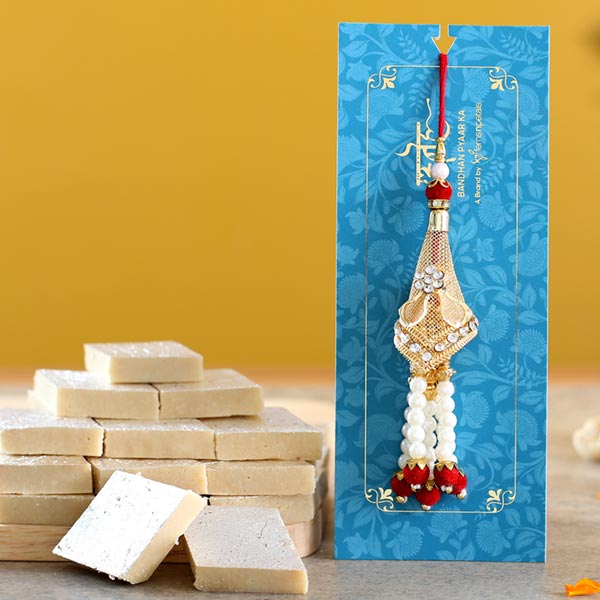 Traditional Golden Lumba Rakhi And Kaju Katli