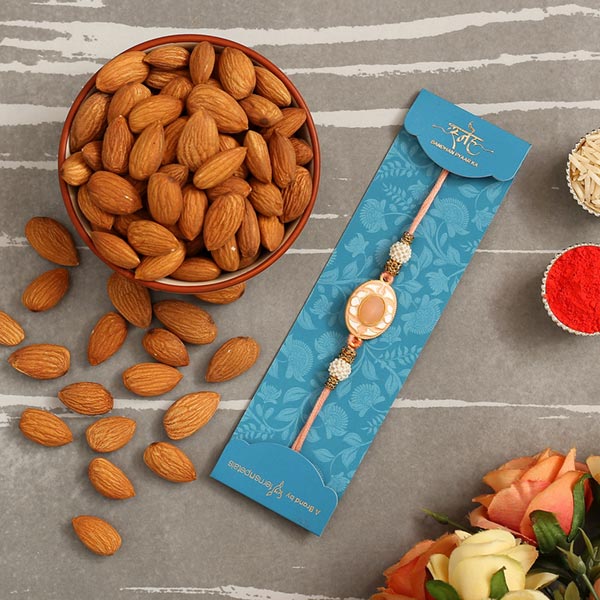 White Peach Stone Designer Rakhi And Healthy Almonds
