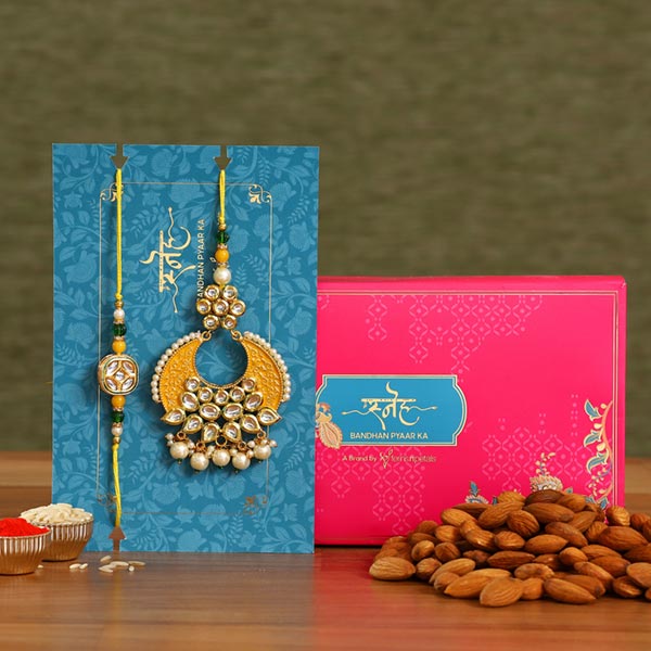 Yellow Crescent Shaped Lumba Rakhi Set With Healthy Almonds