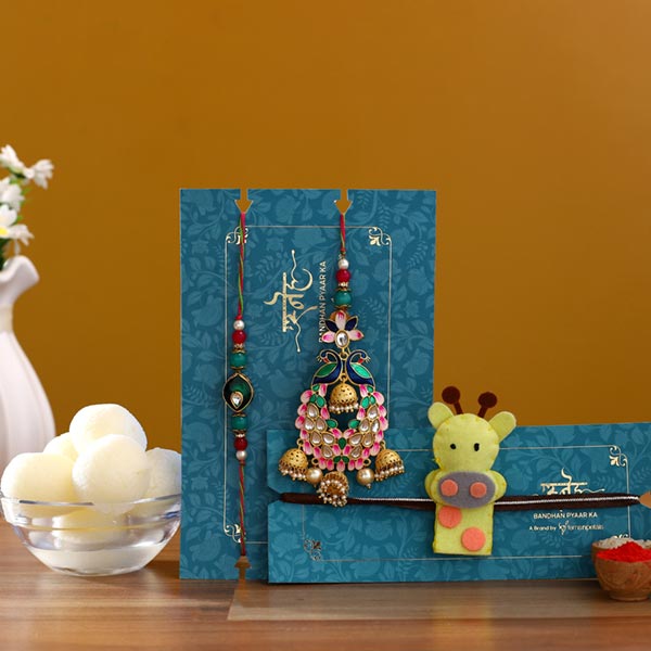 Peacock Lumba Rakhi Set & Kids Rakhi With Rasgulla
