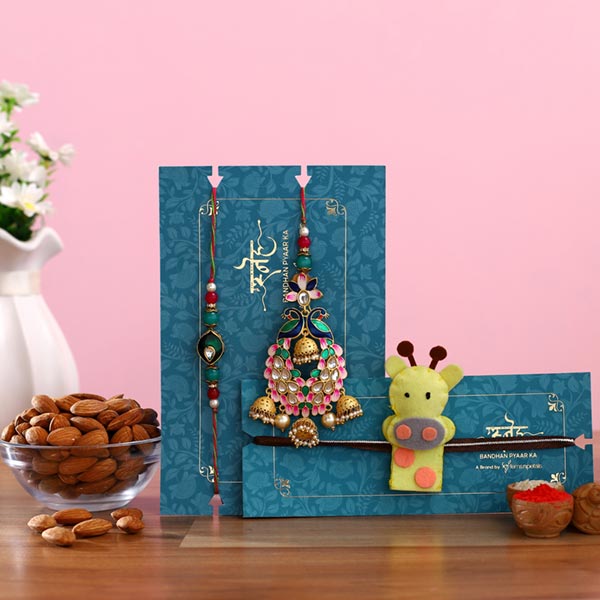 Peacock Lumba Rakhi Set & Kids Rakhi With Almonds