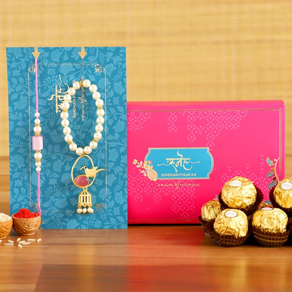 Caged Bird Bracelet Lumba Rakhi Set With 3 Pcs Ferrero Rocher
