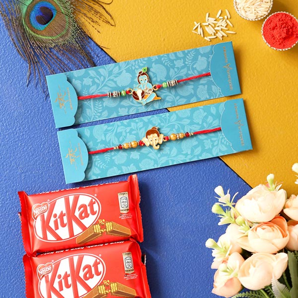 Bal Krishna & Ganesha Face Rakhis With Kitkat