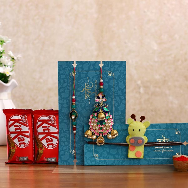 Peacock Lumba Rakhi Set & Kids Rakhi With Kitkat