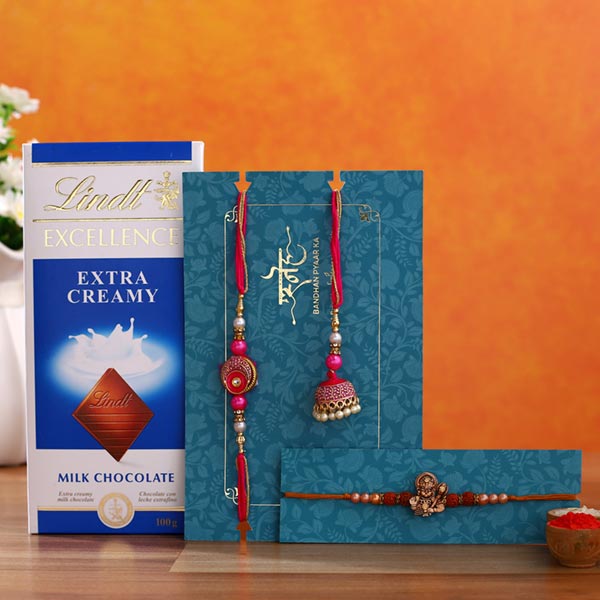Meenakari Lumba Rakhi Set & Rudraksha Rakhi With Lindt