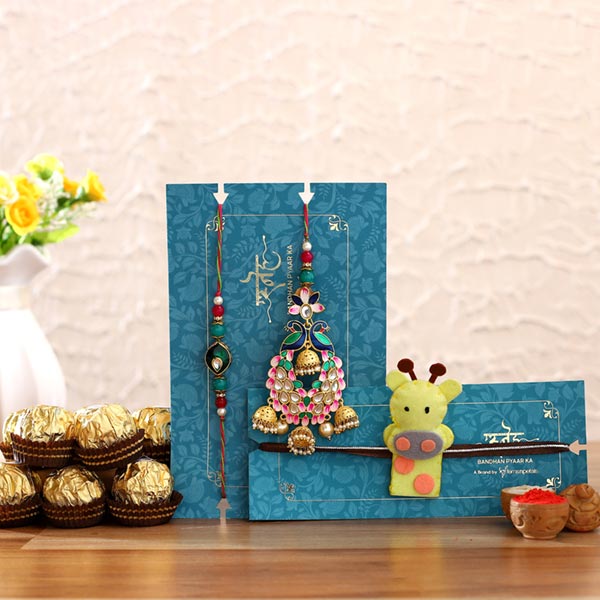 Peacock Lumba Rakhi Set & Kids Rakhi With Chocolates
