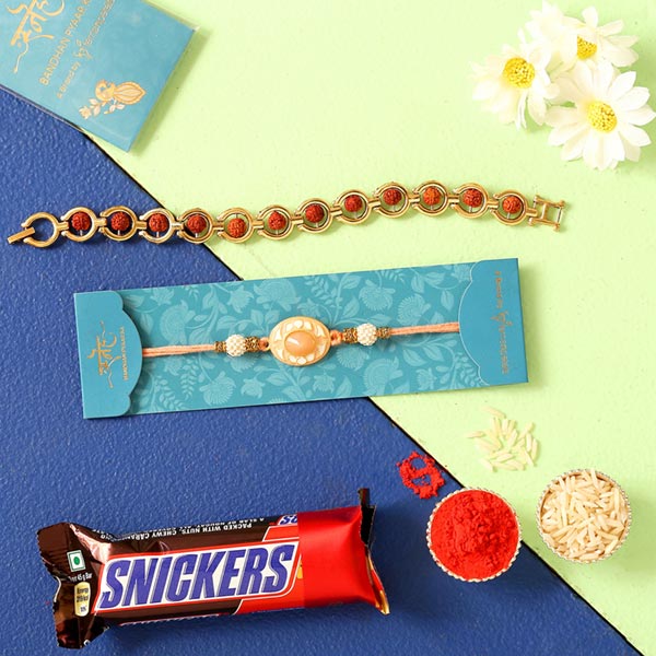 Rudraksha & Peach Stone Rakhis With Snickers