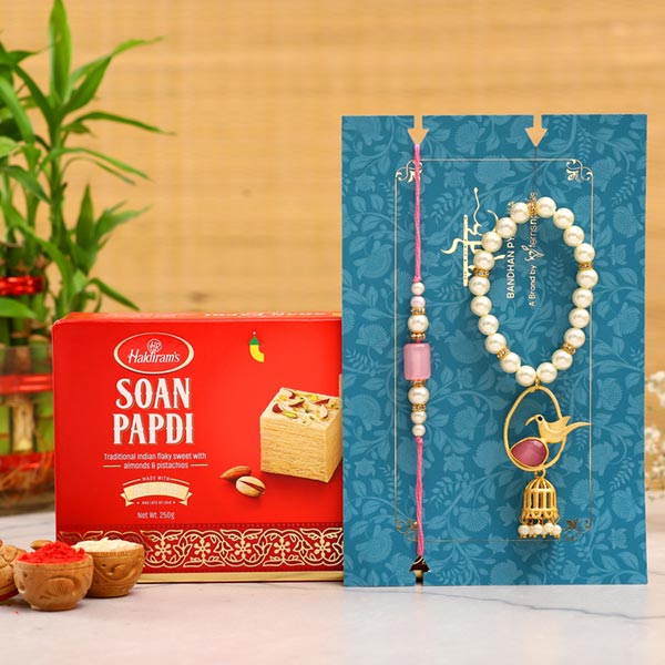 Caged Bird Bracelet Lumba Rakhi Set With Soan Papdi