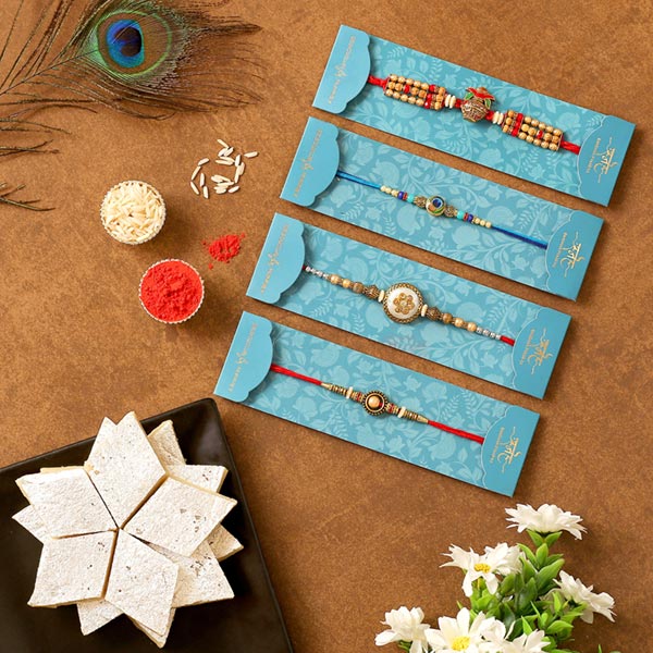 Set Of 4 Designer Rakhis & Kaju Katli Combo