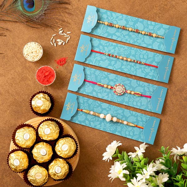 Set Of 3 Ethnic Rakhis & Ferrero Rocher Combo