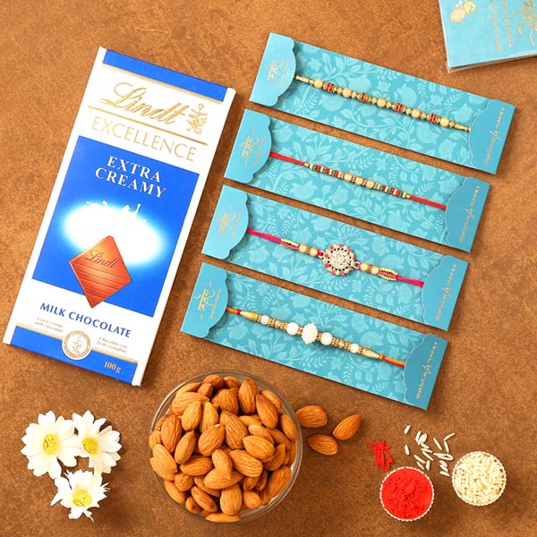 Set Of 3 Ethnic Rakhis & Lindt Chocolate Hamper