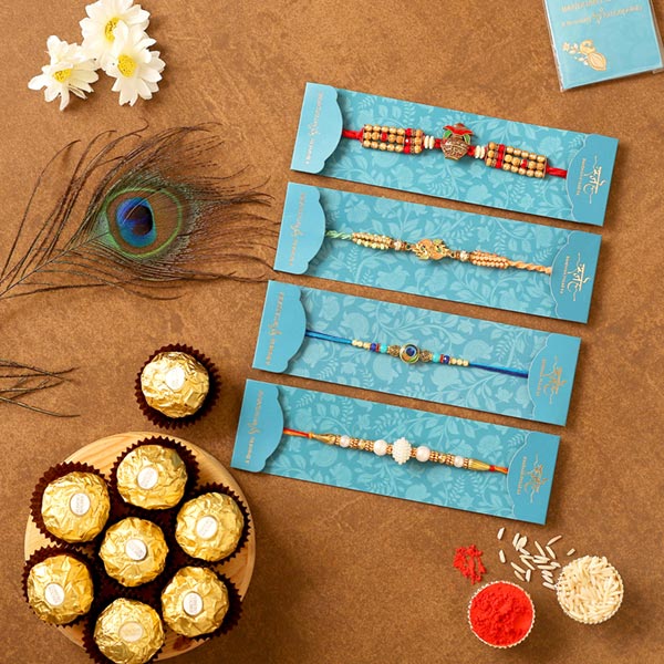 4 Traditional Rakhis & Ferrero Rocher Combo