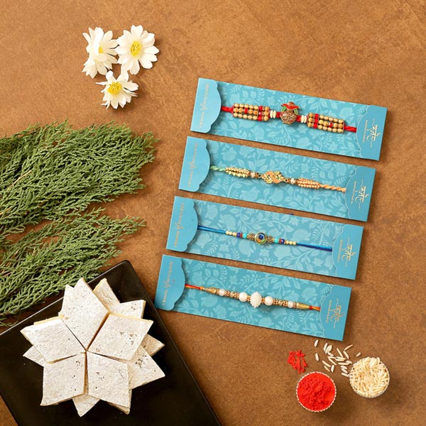 4 Traditional Rakhis & Kaju Katli Combo