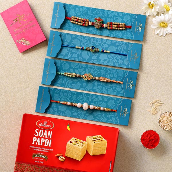 4 Traditional Rakhis & Soan Papdi Combo