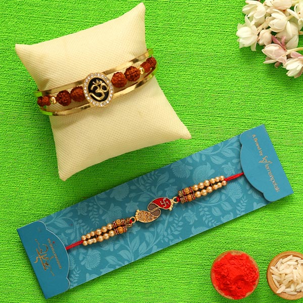 Om Rudraksha Rakhi & Red Peacock Designer Rakhi