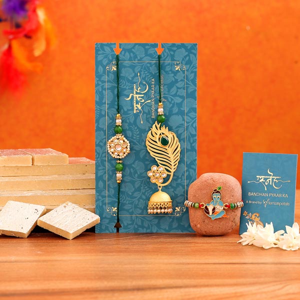 Ethnic Lumba Rakhi Set & Kids Rakhi With Kaju Katli
