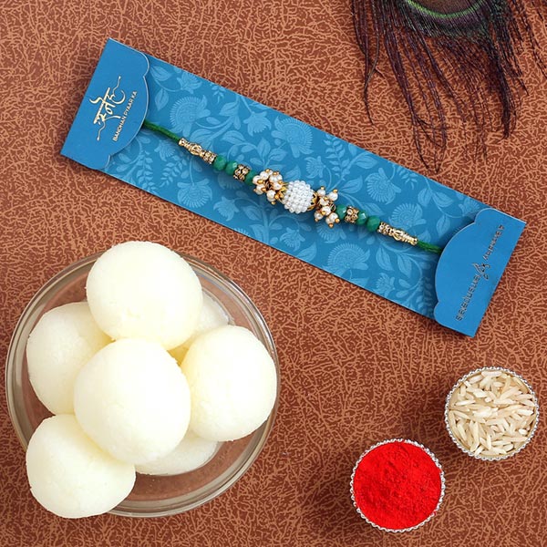 Green Pearl Designer Rakhi & Rasgulla Tin