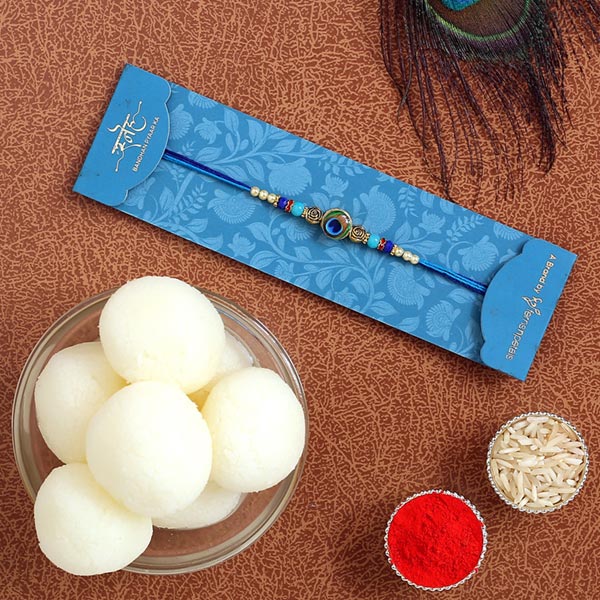 Peacock Feather Rakhi & Rasgulla Tin