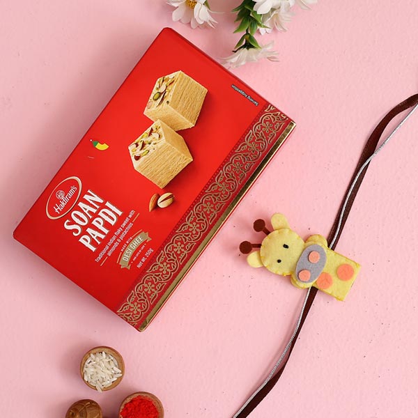 Cute Giraffe Shaped Kids Rakhi And Soan Papdi