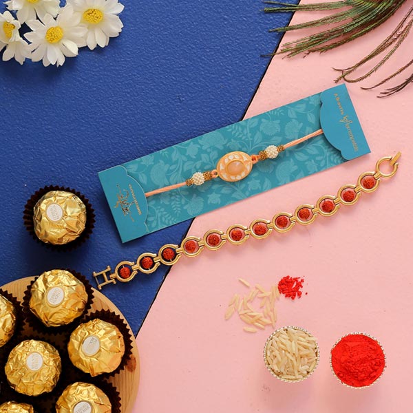 Rudraksha & Peach Rakhis With 6 Pcs Ferrero Rocher