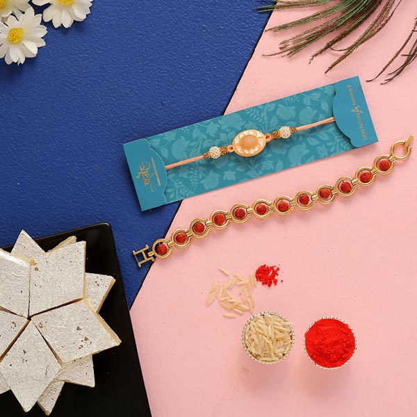 Rudraksha & Peach Stone Rakhis With Kaju Katli