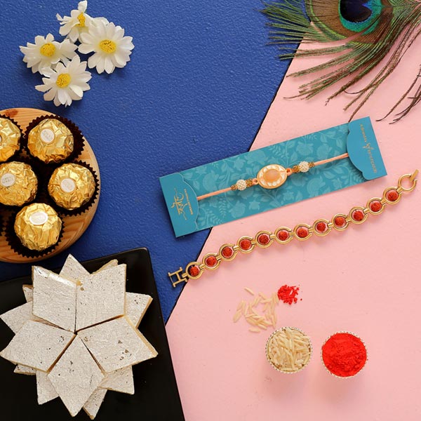 Rudraksha & Peach Stone Rakhis With Ferrero Rocher