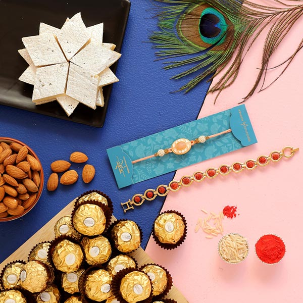 Rudraksha & Peach Stone Rakhis With Chocolate