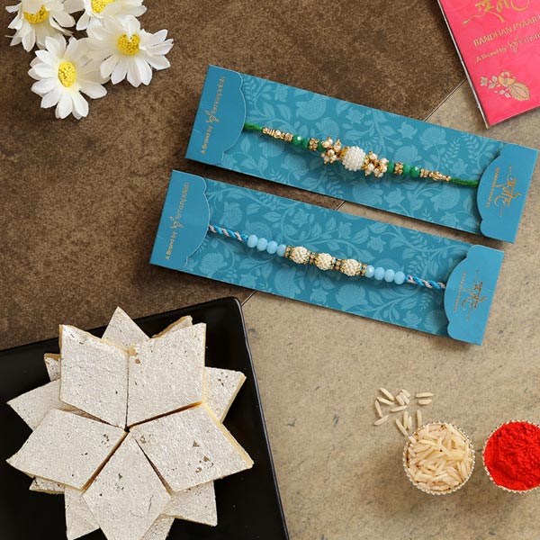 Set Of 2 Pearl Designer Rakhis & Kaju Katli