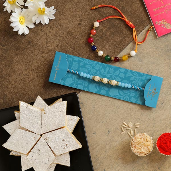 Set Of 2 Ethnic Pearl Rakhis & Kaju Katli