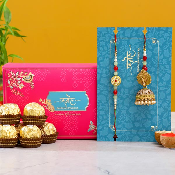 Dancing Peacock Jhumki Lumba Rakhi Set With 3 Pcs Ferrero Rocher
