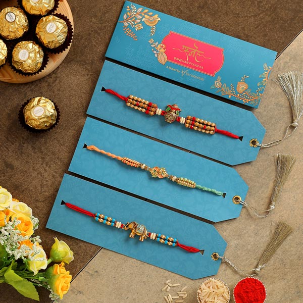 Set Of 3 Designer Rakhis & Delectable Ferrero Rocher