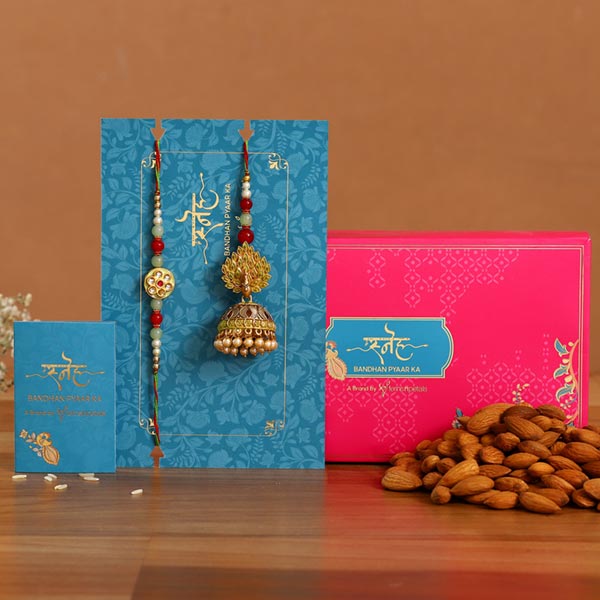 Dancing Peacock Jhumki Lumba Rakhi Set With Healthy Almonds