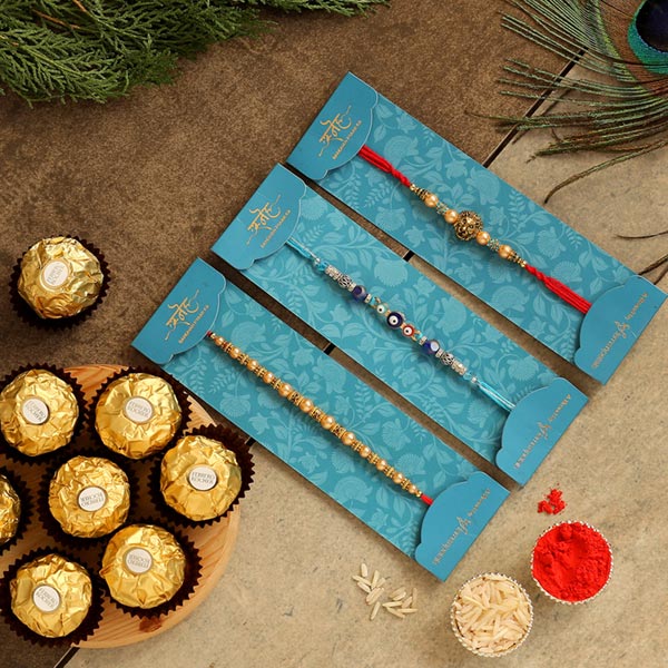 Set Of 3 Traditional Rakhis & Tempting Ferrero Rocher