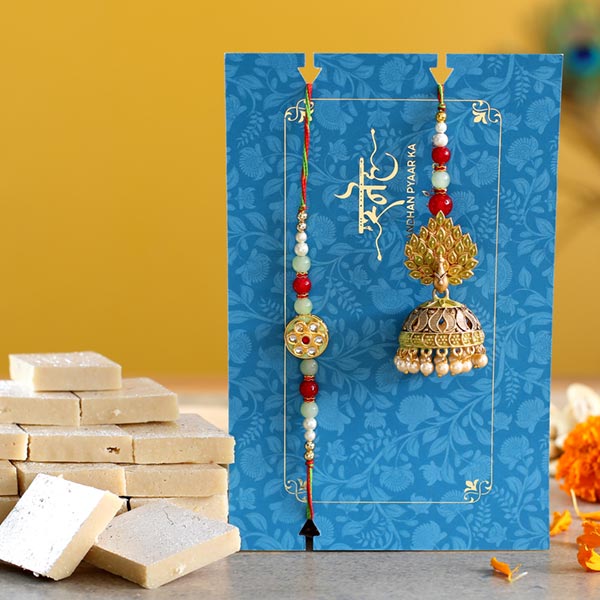 Dancing Peacock Jhumki Lumba Rakhi Set With Kaju Katli