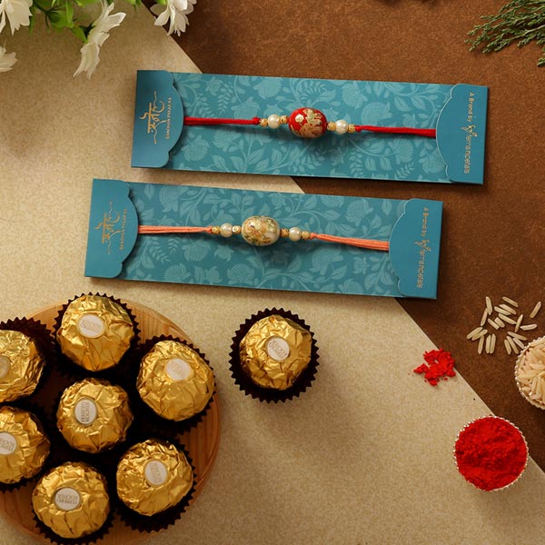 Set Of 2 Traditional Stone Rakhis & Chocolates