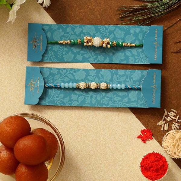Set Of 2 Pearl Designer Rakhis & Gulab Jamun
