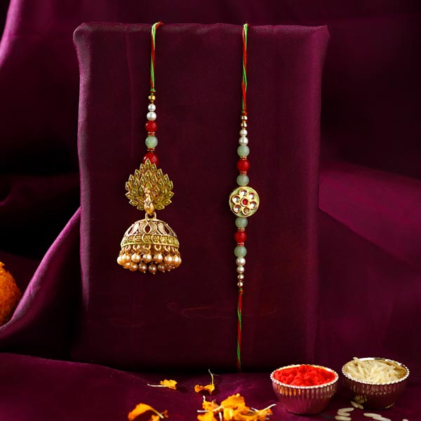Dancing Peacock Jhumki Style Lumba Rakhi Set